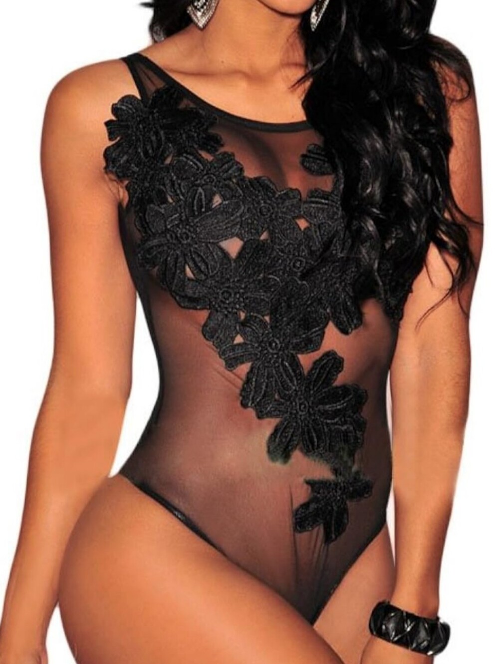 Sheer Black Floral Applique Bodysuit